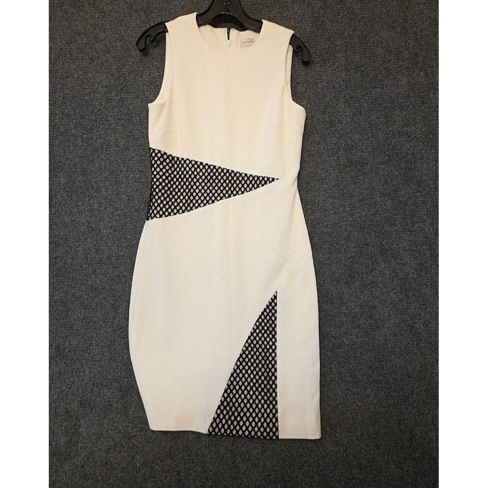 Katherine Kelly Dress Womens 4 White Geometric Sleeveless Sheath Lined Work